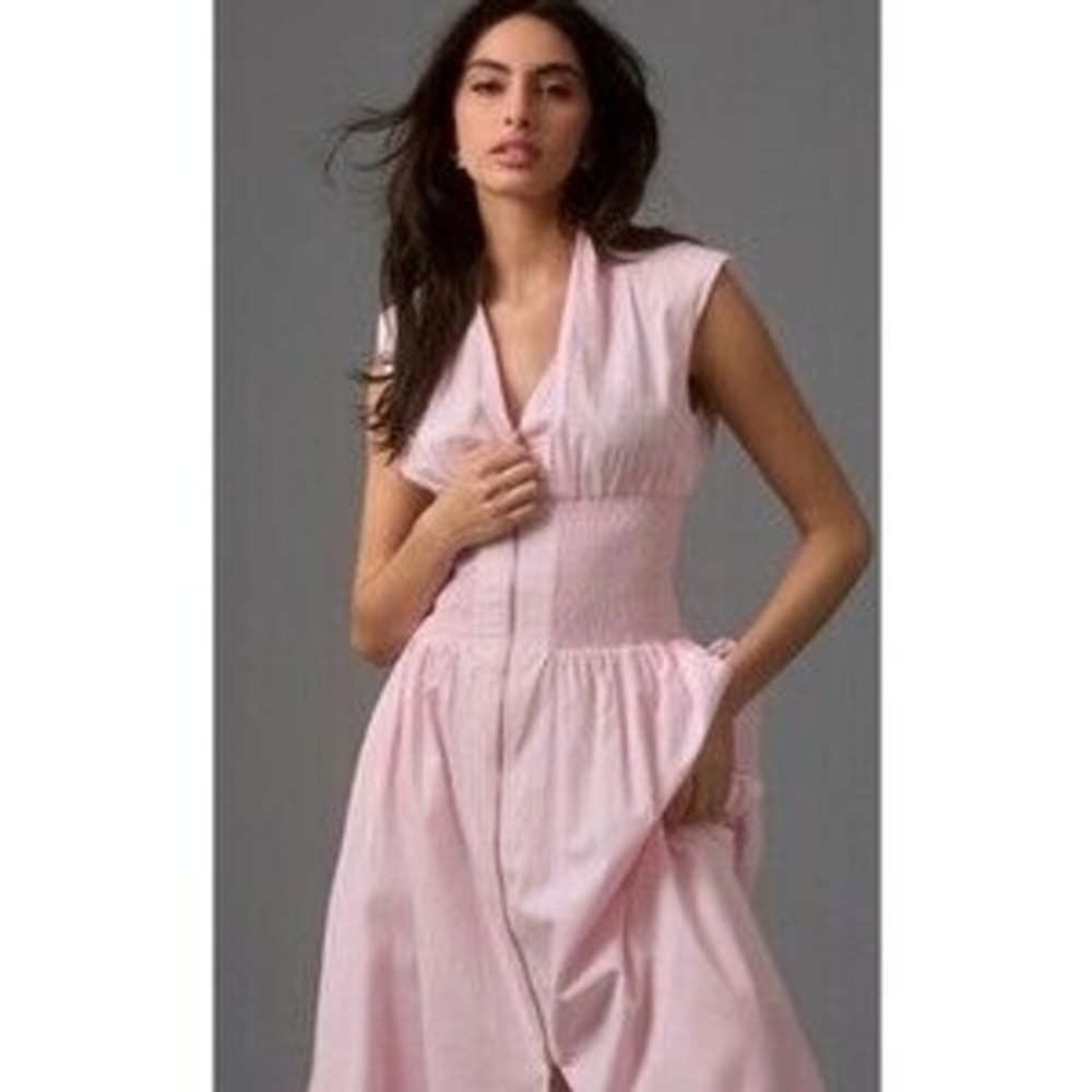 303 Anthropologie Pink Smocked Waist Zip Front Cotton Midi Dress (XL, EUC)